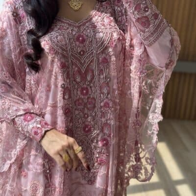 Intricate pink embroidered traditional dress featuring elaborate floral patterns and lace detailing.