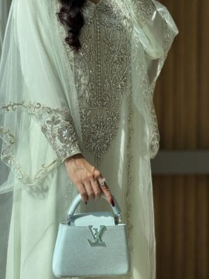 Elegant traditional dress with intricate embroidery and beadwork for special occasions.