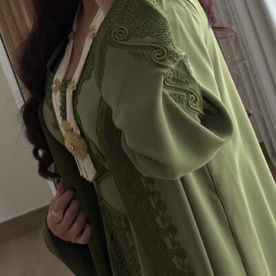 Elegant green embroidered traditional dress worn by a woman, showcasing intricate craftsmanship and cultural elegance.