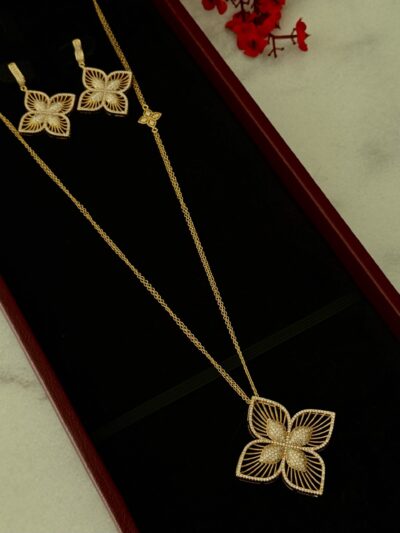 Elegant gold butterfly jewelry set featuring necklace and matching earrings.