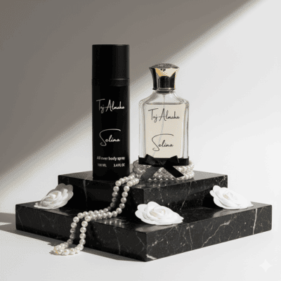 Elegant perfume and body spray set from Taj Almah, featuring a luxurious floral fragrance.